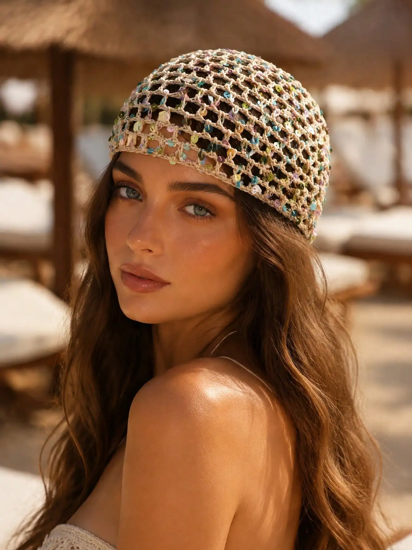 1pc Women's Fashion Hollow Lightweight Colorful Sequin Handmade Crochet Knit Hat Suitable For Bohemian Daily Wear Beach Travel