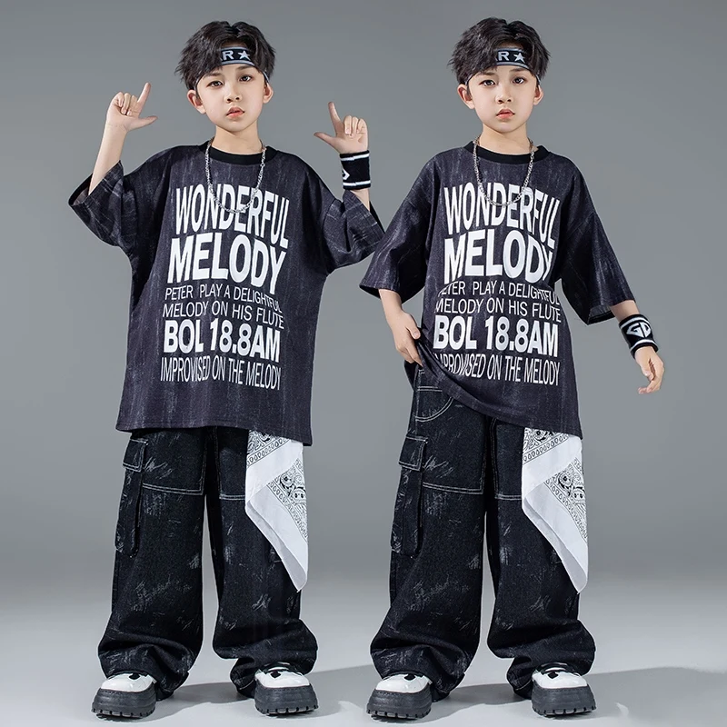

Kids Summer Hip Hop Clothing Baggy T Shirt Pants Black Short Sleeves Boys Street Wear Girls Jazz Practice Clothing Suit BL15895