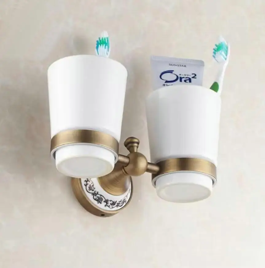 Wall-mounted toothbrush holder with ceramic cups for bathroom, home use, double cup set for couples, antique-style sink cup