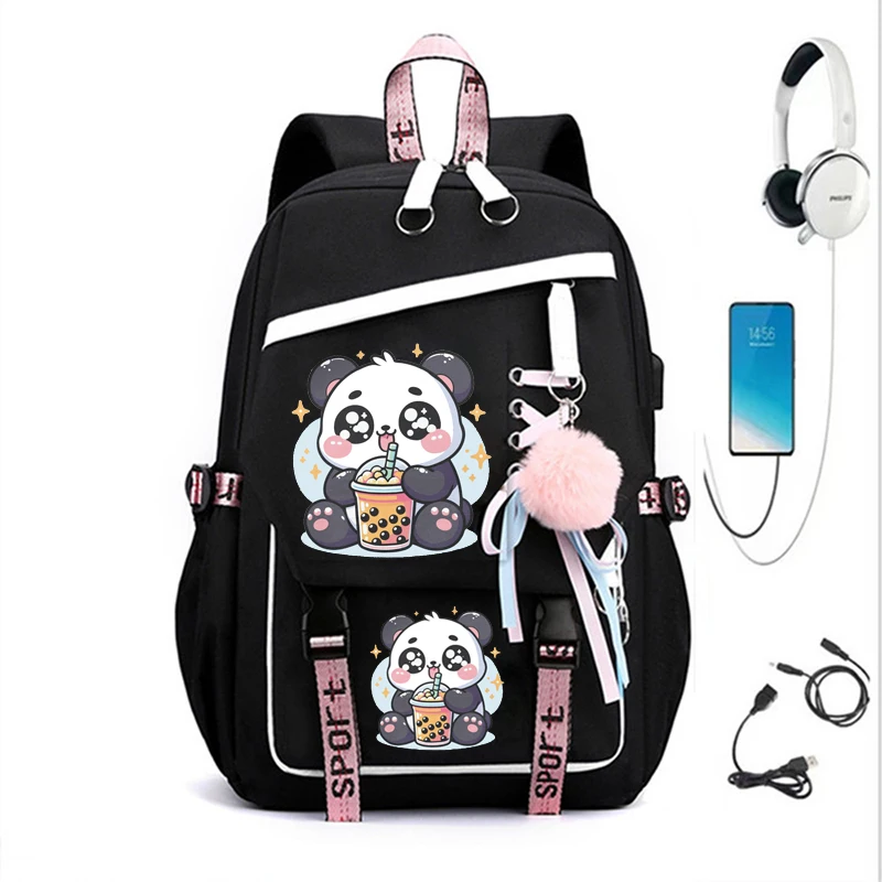 Mochila casual com design panda para estudantes, bolsa de nylon, chá boba, anime, kawaii, moda, viagens, faculdade, laptop, usb