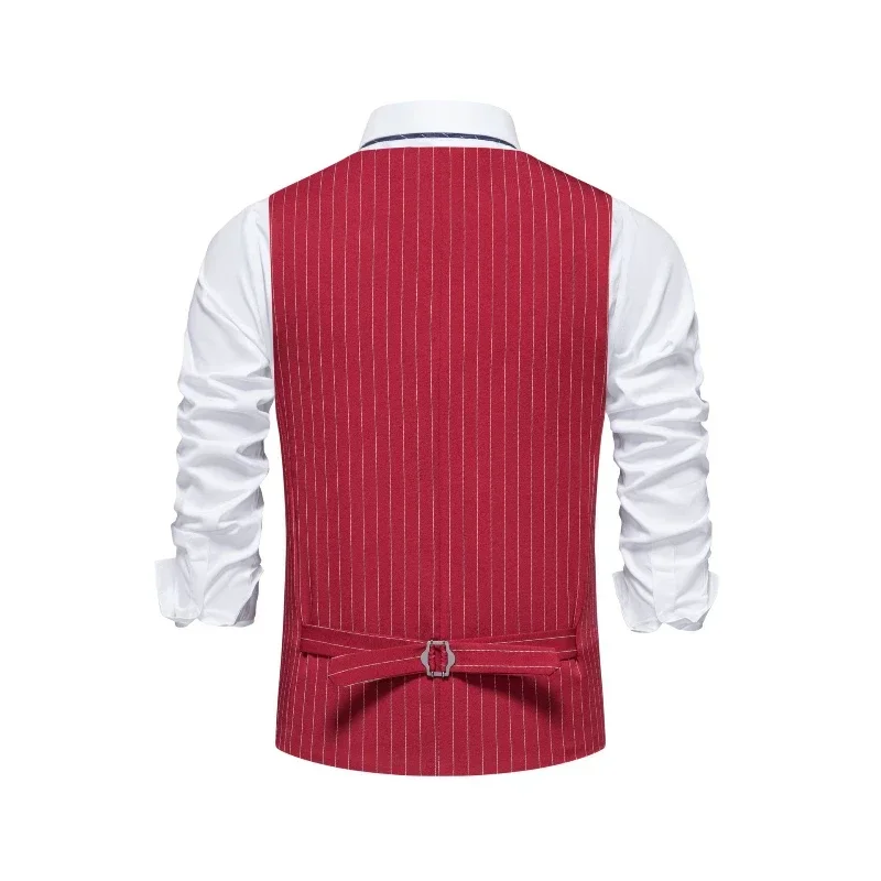 2026 New Red Striped Suit Vest For Men,Fashion Business Formal Wear Casual Khaki/Black Stripes Waistcoats