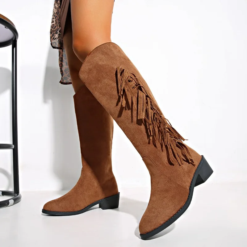 Tassel Boots, Sexy Pointed Toe Square-heeled Shoes, Winter Knee-high Boots, Fashionable Denim Western Boots, Women's Shoes image 3