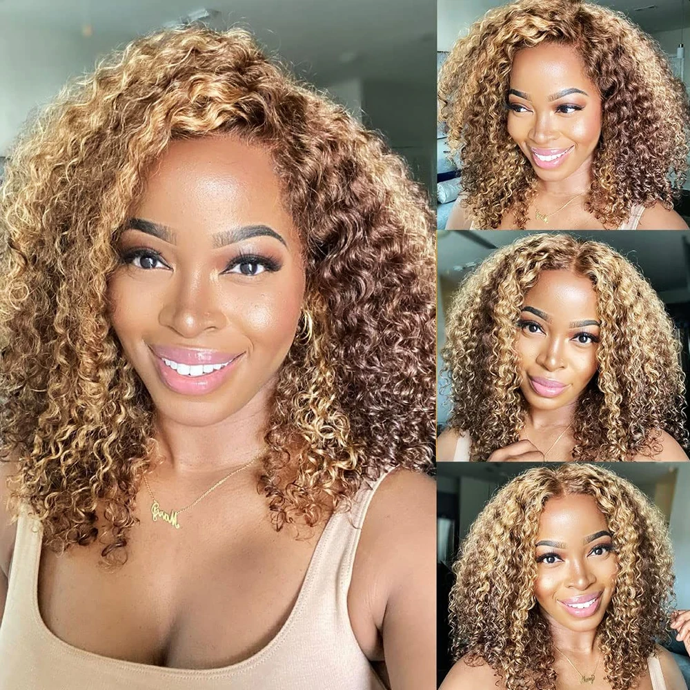 

Highlight Short Bob Lace Wig 13x4 Transparent Lace Front Wig Brown Curly Deep Wave Bob Wigs 100% Human Hair Lace Wigs