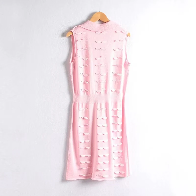 Summer New Women's Gold Thread 3D Lace Collar High Waist Dress Y2K High Quality Fashion Casual Sleeveless Knitted Dress