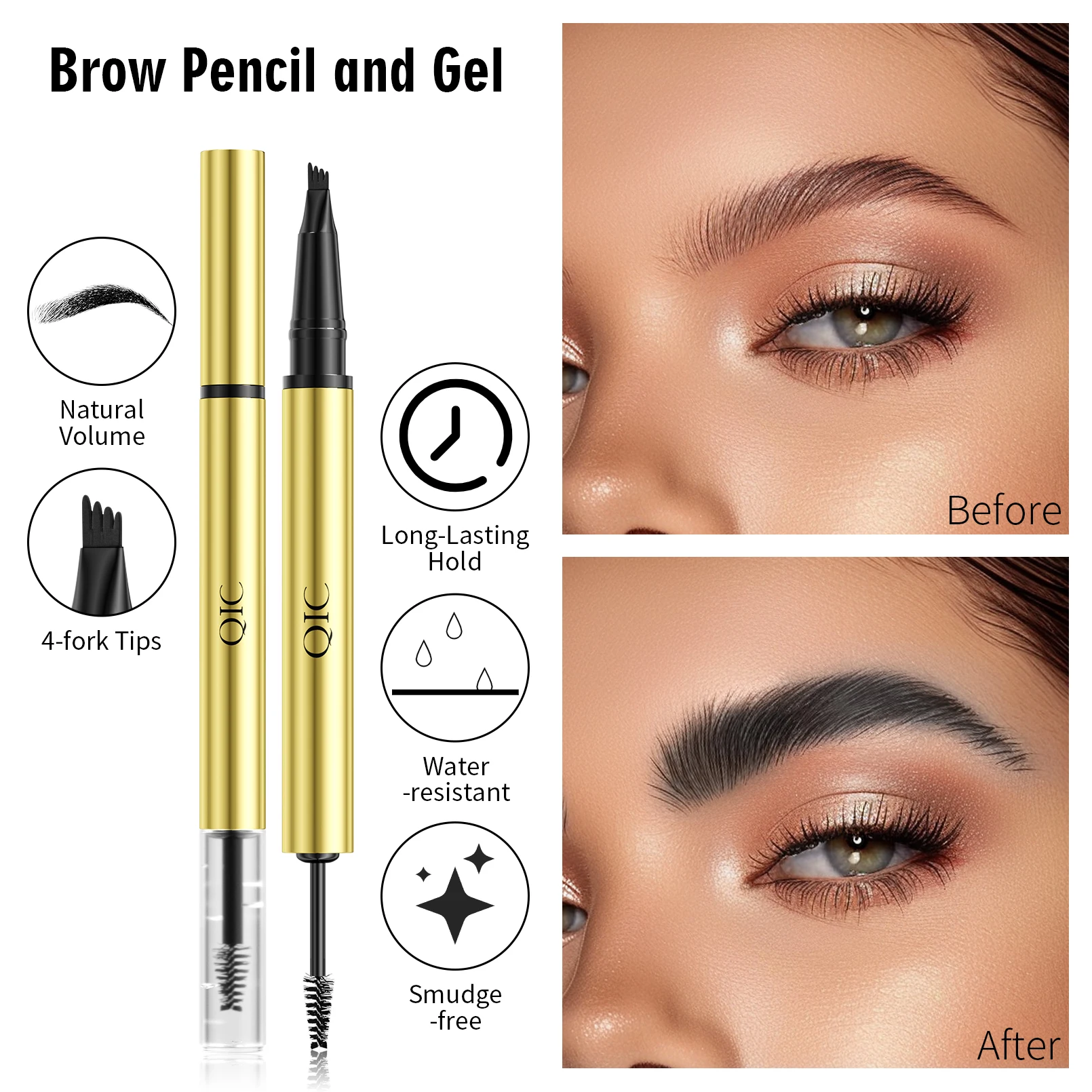 Lápiz de cejas de cuatro garras Lápiz de cejas 2 en 1 y gel de cejas sellado, maquillaje de cejas para una apariencia real, cejas más llenas