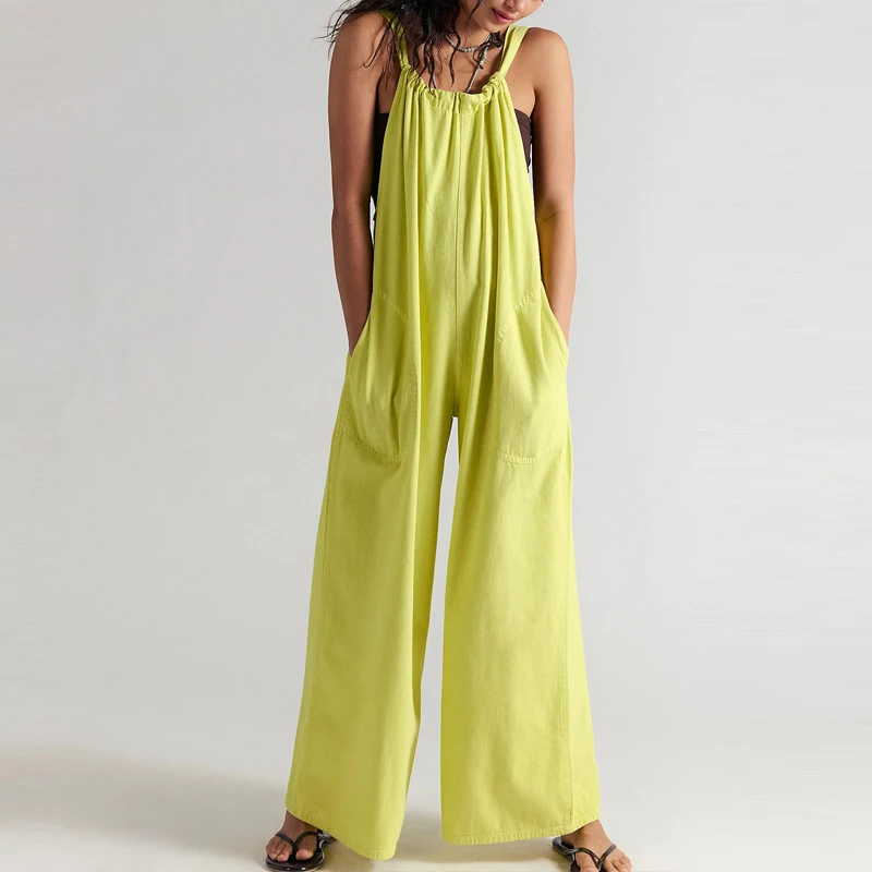 

O Neck Sleeveless Camisole Women Jumpsuit Summer Hollow Solid Color Straight Romper 2026 Casual Loose Wide Leg Pants Playsuits