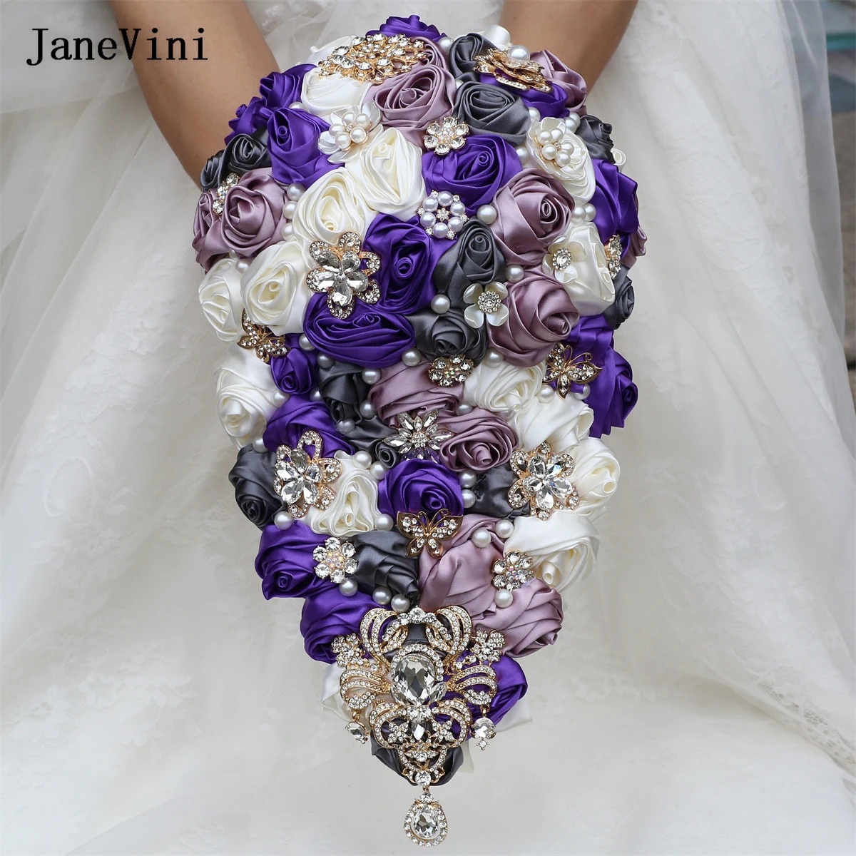 JaneVini Light Blue Cascading Flowers Rhinestone Waterfall Bridal Bouquets Artificial Satin Roses Pearls Wedding Brooch Bouquet