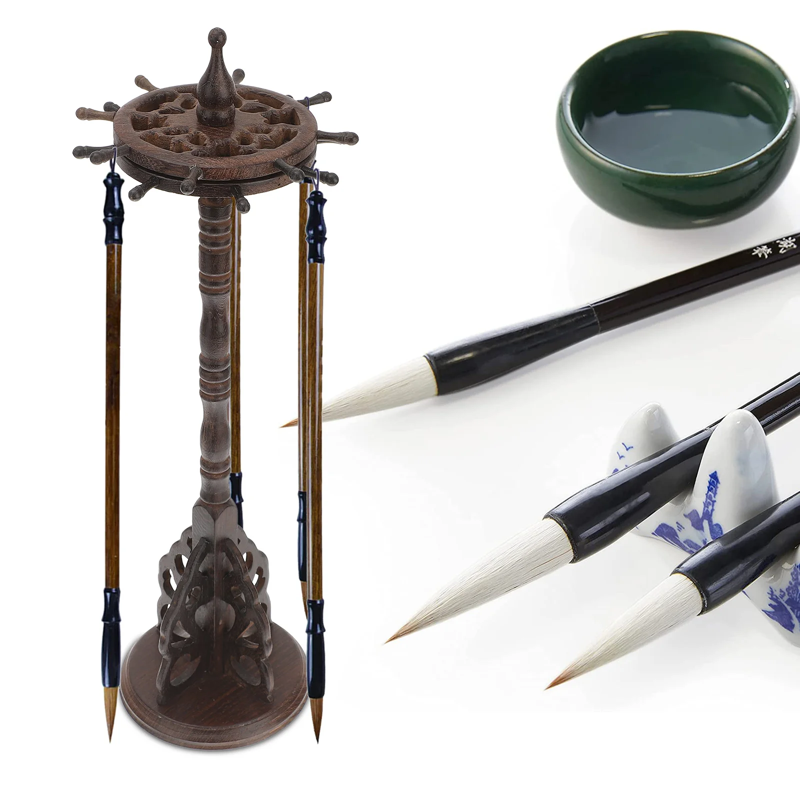 13 Slot Rotating Double Layer Solid Ebony Wood Brush Pen Rack Round Base Holder Desk Decor Accessory Storage Painting Canvas Art