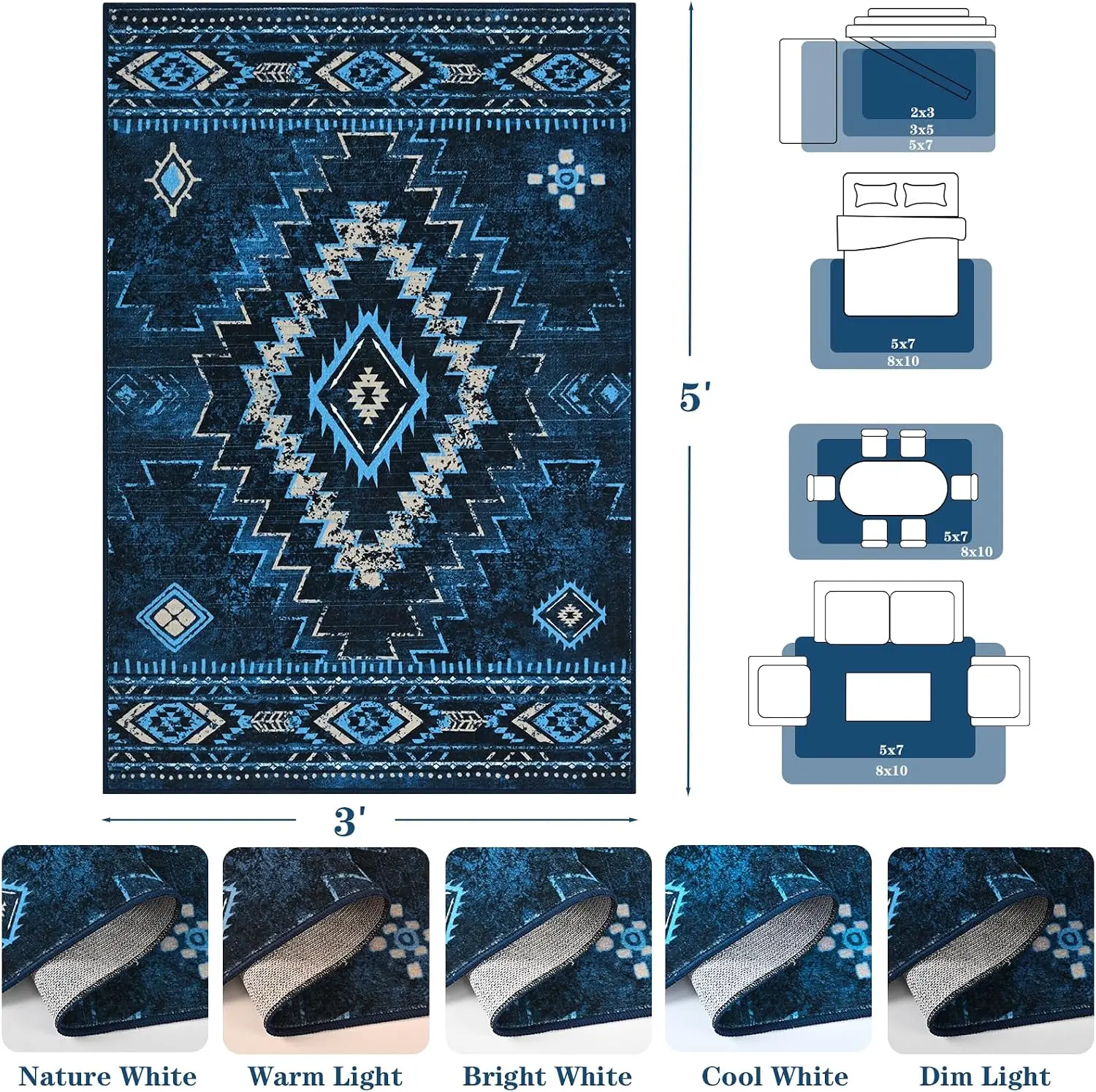 Navy Blue Western Aztec Moroccan Washable Rug, Soft Non-Slip Carpet for Entryway Bedroom Office Decor