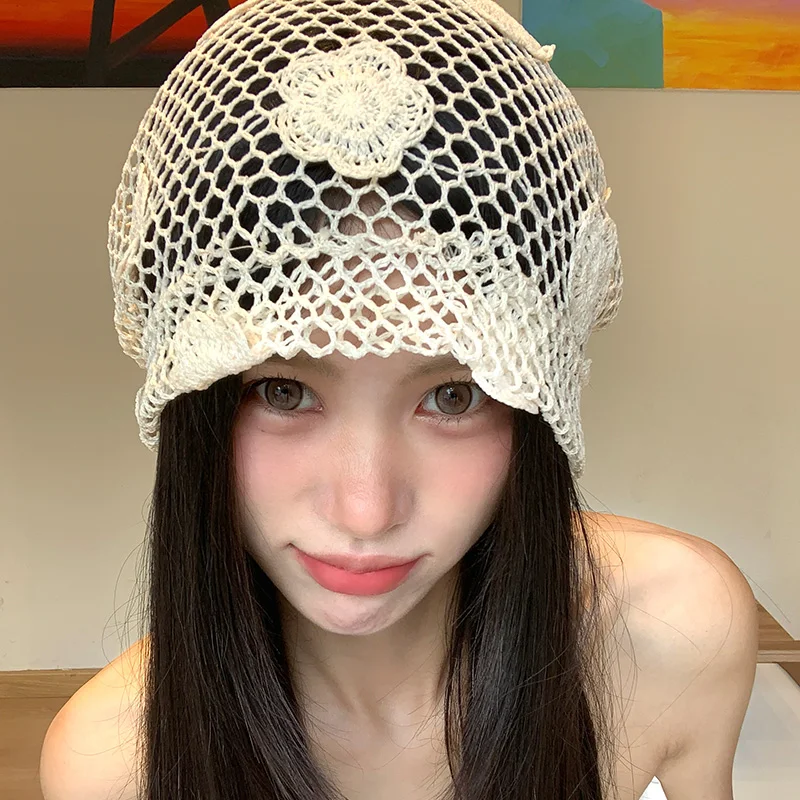 

Korean Version of Handmade Crochet Hollow Pullover Hats Women Summer Thin Breathable Versatile Show Face Small Elegant Beanies