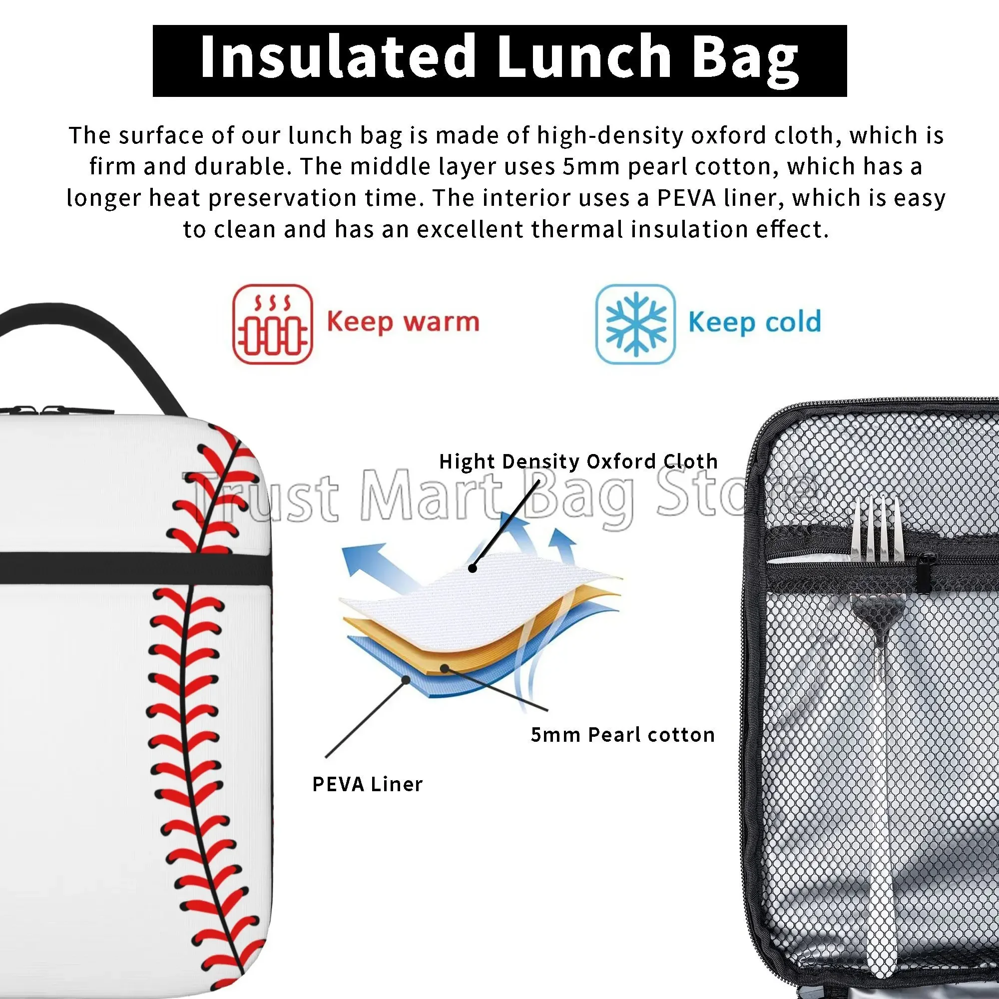 Red Stitching Baseball Sport Insulated Lunch Bag Reusable Thermal Lunch Box Portable Cooler Bento Tote Bags for Women Men Kids