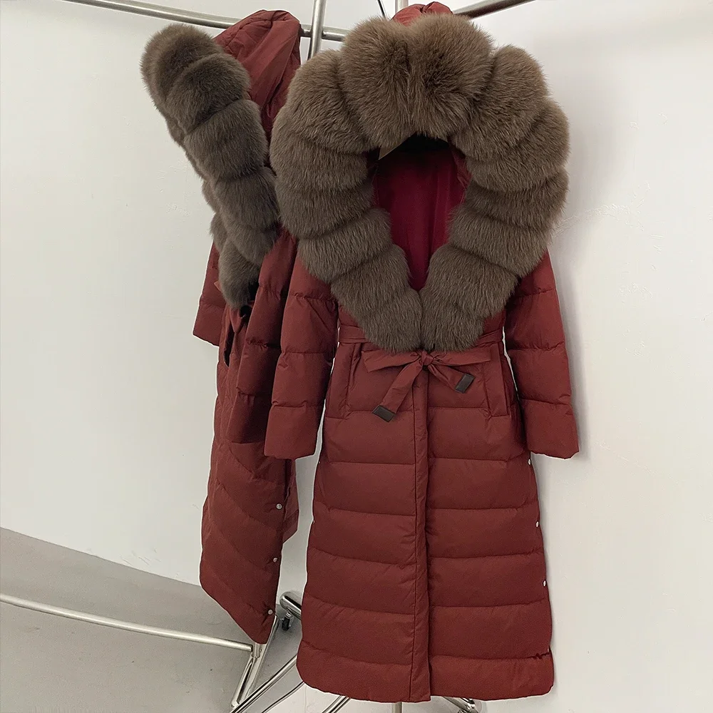 MENINA Large Real Fox Fur Collar X-Long Puffer Jacket Women Hooded Winter White Duck Down Coat Thick Female Parkas with Belt