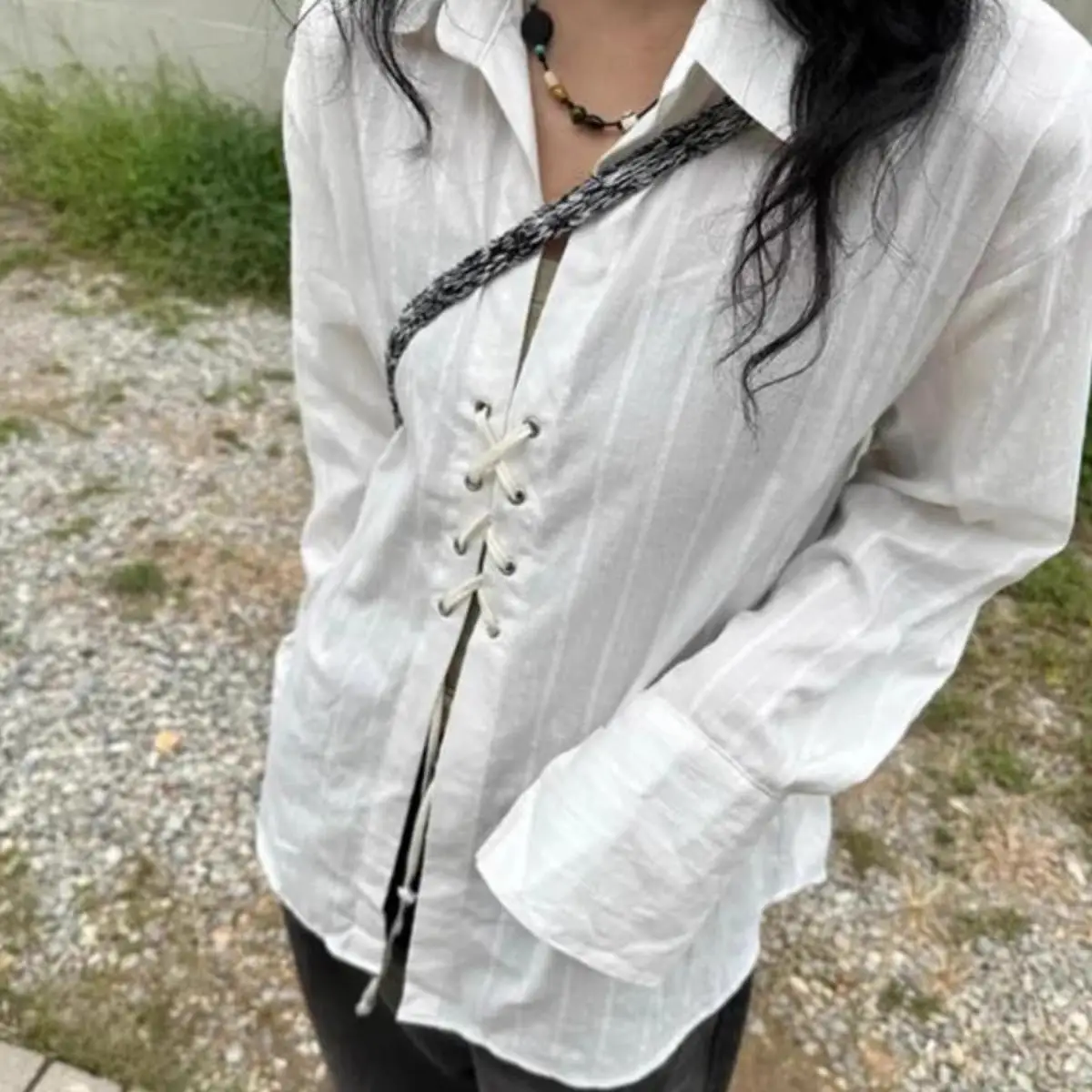 

Exclusive Design Long Sve irt with Belt Tie Collar Slit Versatile Loose Fit Slimming Women's Busin Casual irt