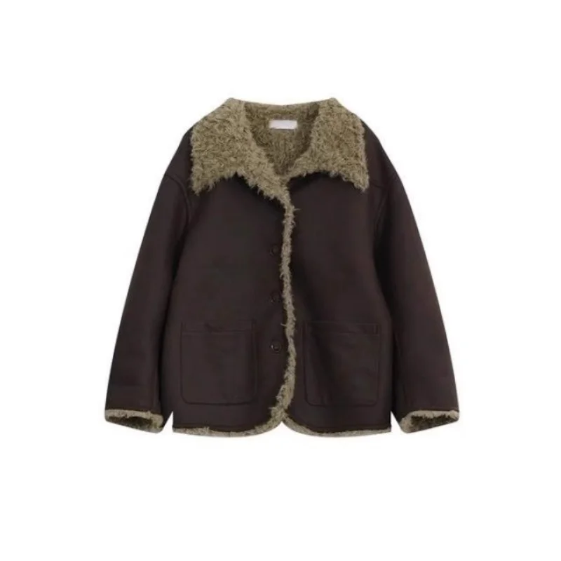 Women Blend Wool Coat 2025 New Retro Two Side Wear Lamb Fur Lined Thickened Cotton Coat Warm Women's Casual Coat