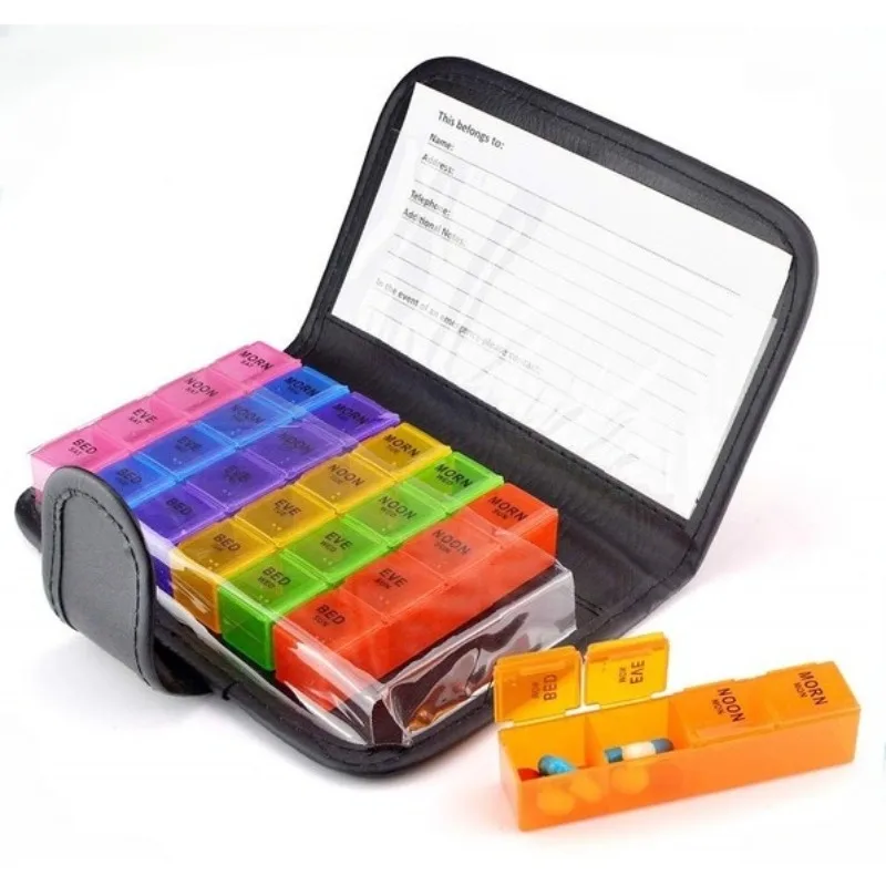 

7 Day Travel 28 Compartments Leather Wallet Pill Organizer Box Medicine Organizer with Pill Case