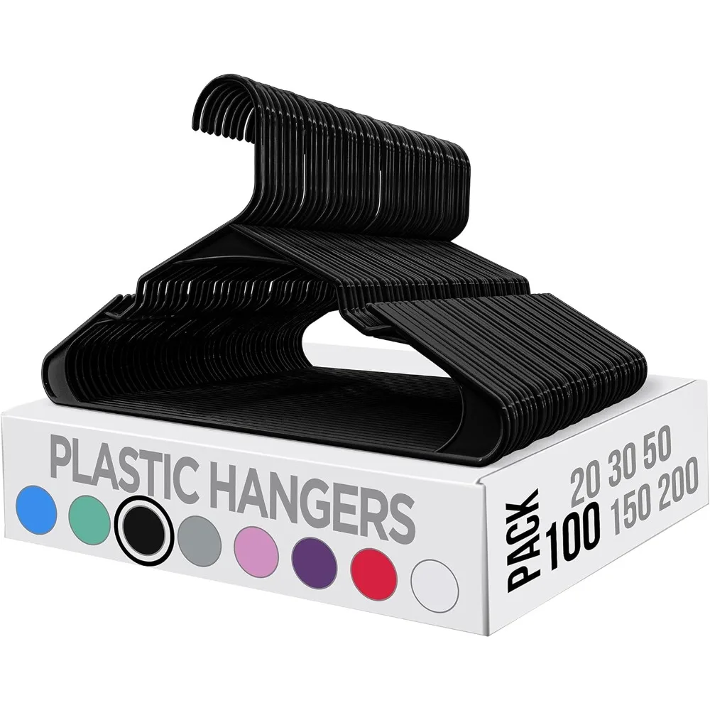 

Clothes Hangers 100 Pack - Plastic Hangers Space Saving - Durable Coat Hanger with Shoulder Grooves (Black)