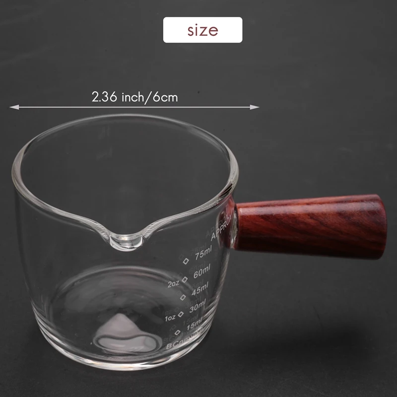 Glas-Messbecher, Espresso-Schnapsglas, 75 ml, dreifacher Krug, Barista, Einzelausgießer mit Holzgriff