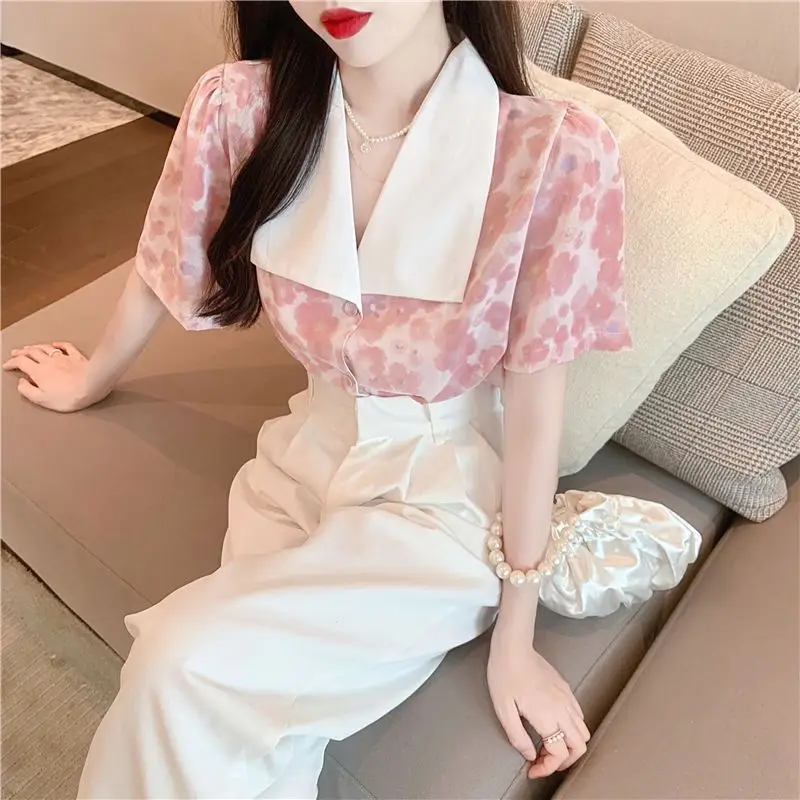 Women's Summer Fashion Simplicity Turn-down Collar Floral Chiffon Shirts Women Clothes Casual All-match Elegant Temperament Tops