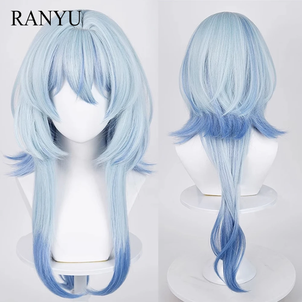 Long Straight Wavy Synthetic Ombre Blue Highlights Layered Wig Anime Game Cosplay Fluffy Wig for Daily Party