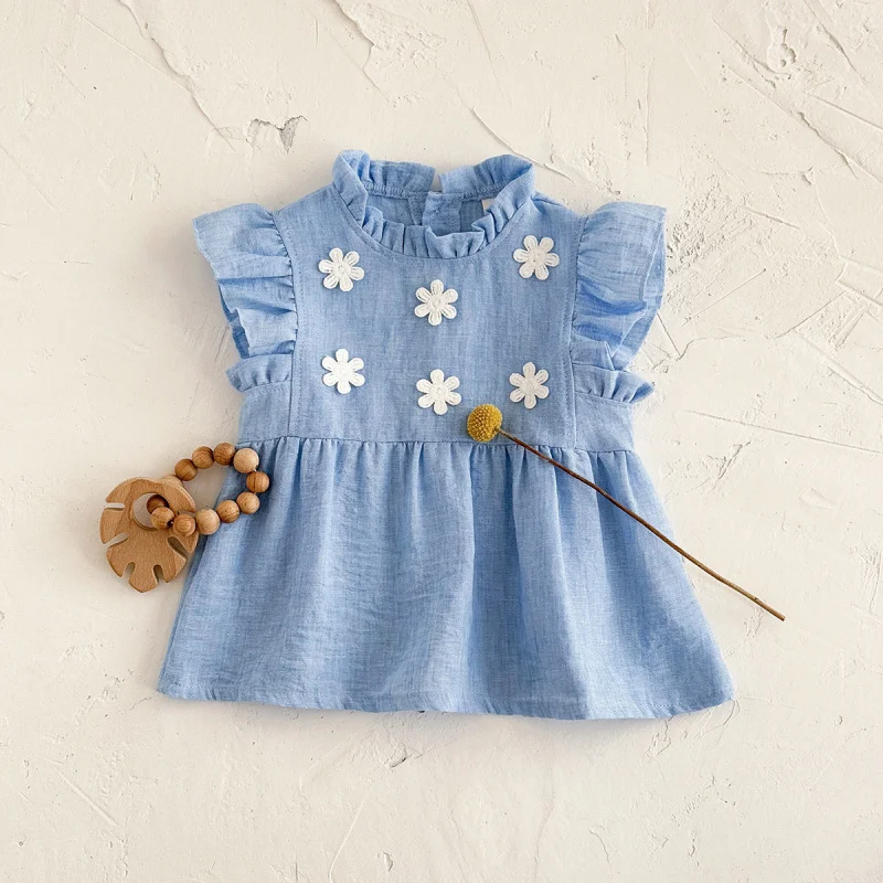 

Summer cute floral flutter-sleeve dress in princess style, handmade flowers, comfortable and soft, light blue for girls
