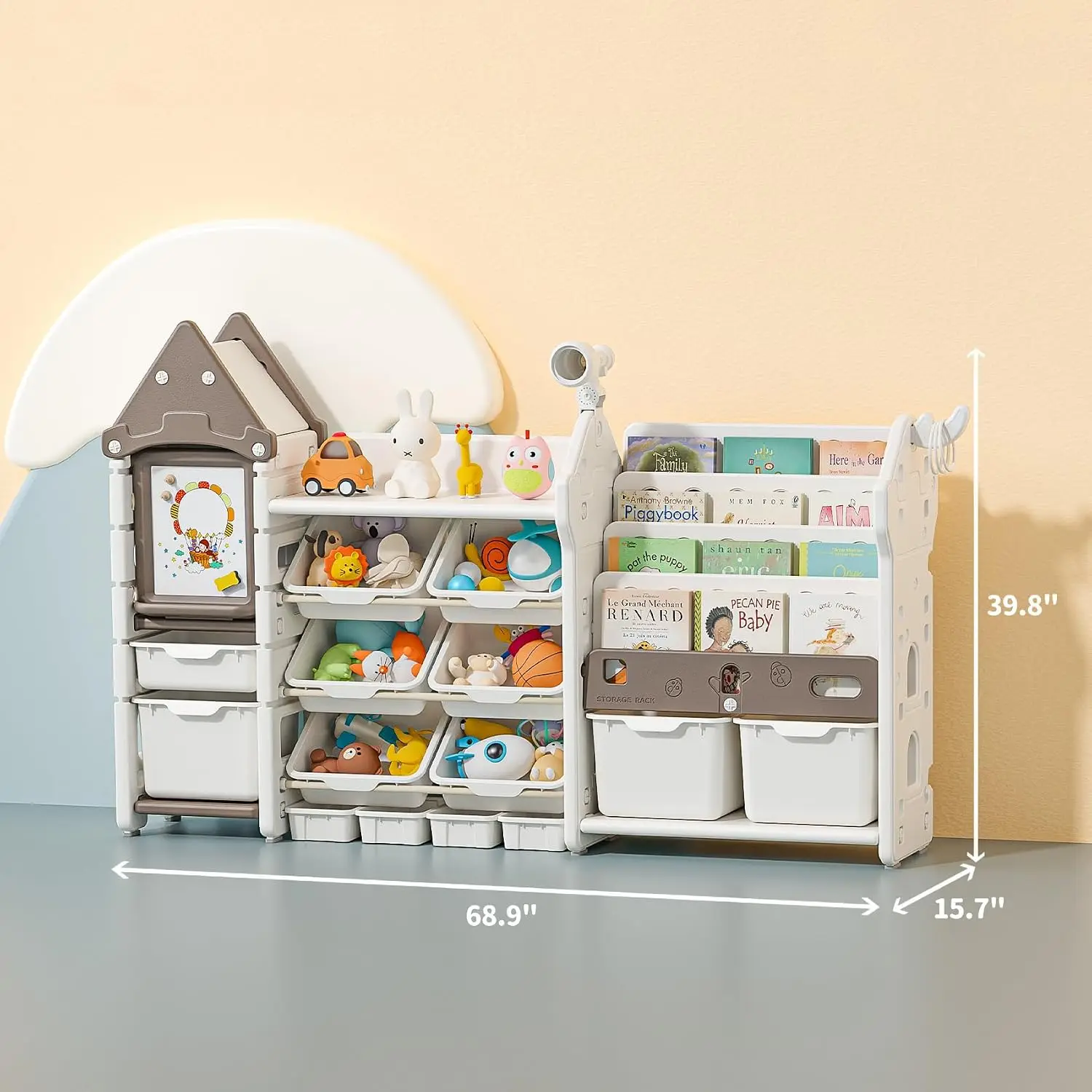 Kids Toy Storage Organizer with Bookshelf, 14-Bin Playroom Organizer and Bookcase, HDPE Toddler Storage Shelf with Drawing Board