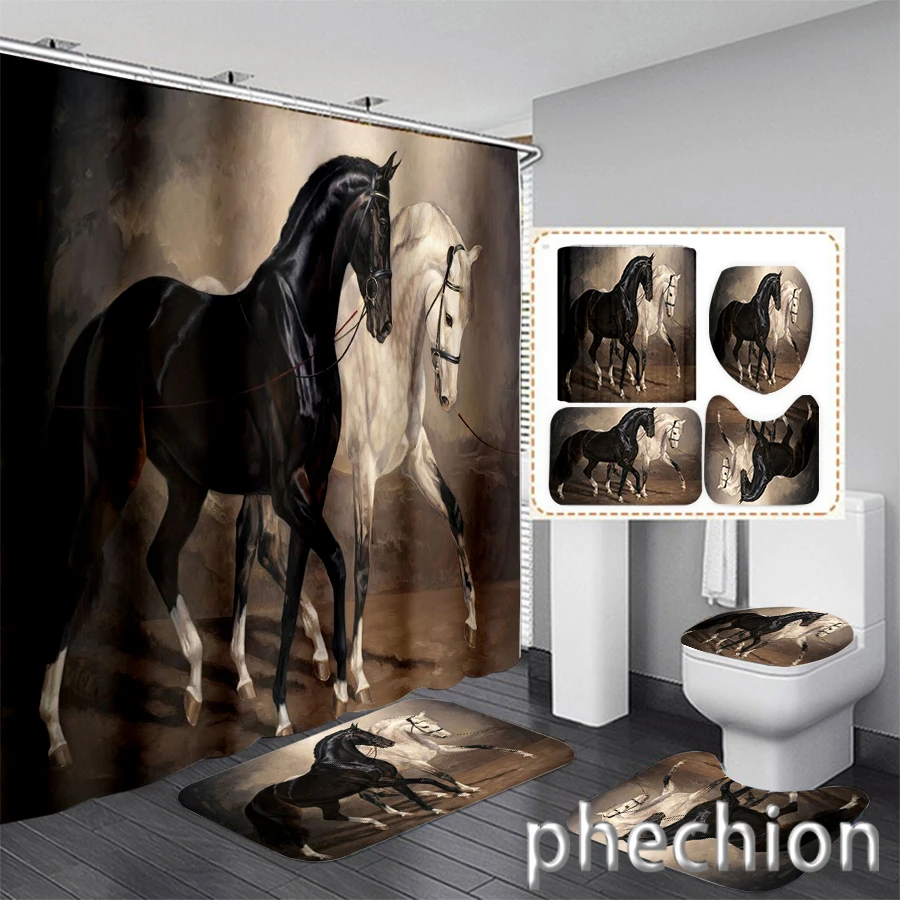 New 3D Print Animal Horse Shower Curtain Waterproof Bathroom Curtain Anti-slip Bath Mat Set Toilet Rugs Carpet VR70