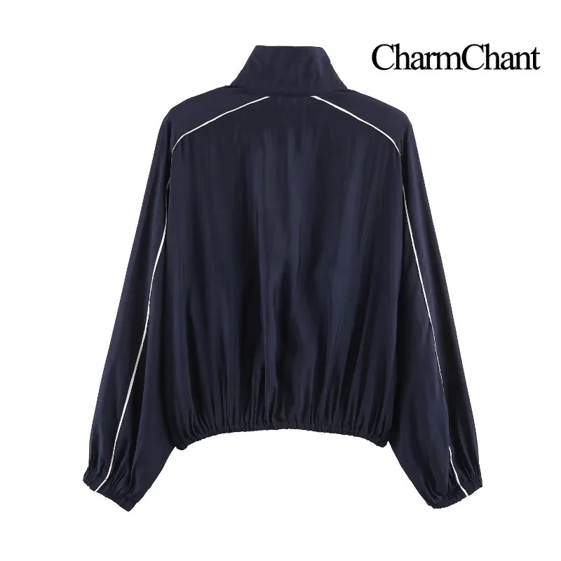 CHARMCHANT Women's Oversized Stand Collar Zip Up Cropped Track Jacket Elastic Hem Sporty Casual Daily Streetwear Spring 2026