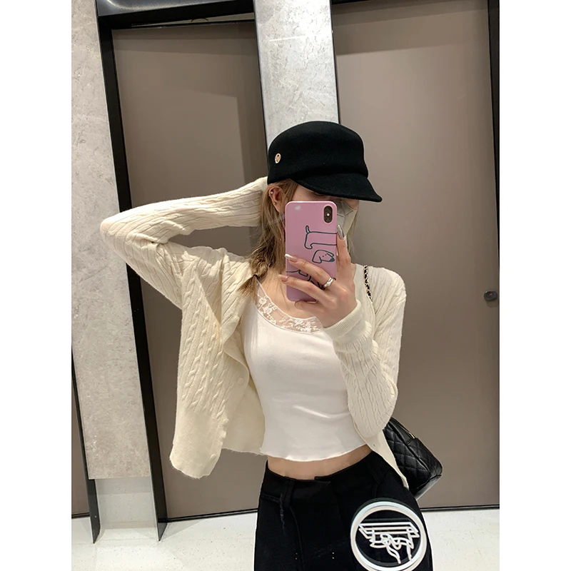 

Женский кардиган Lin Chu: свободный крой, V-образный вырез, вязаный, с узором косы, тонкий, для осени и зимы, укороченный топ