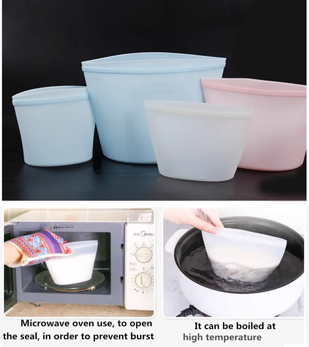 New Thickened Fresh-keeping Silicone Food Storage Bag Three Color Double Gauge Zipper Reusable Ziplock Bag Kitchen Food Storage