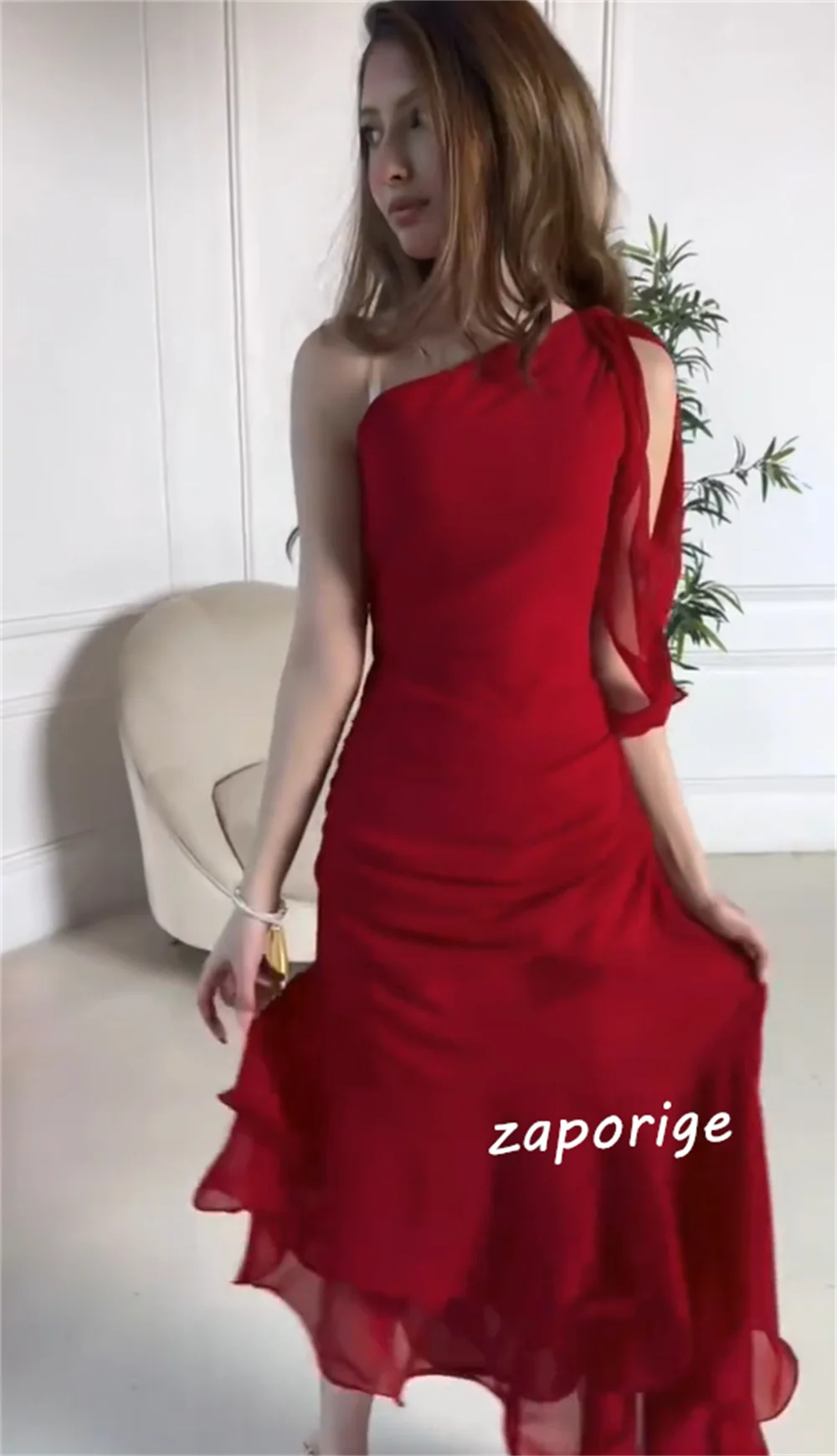 Customized Chiffon Pleat Asymmetrical One-shoulder Midi Dresses Bespoke Occasion Party Exquisite Modern Style