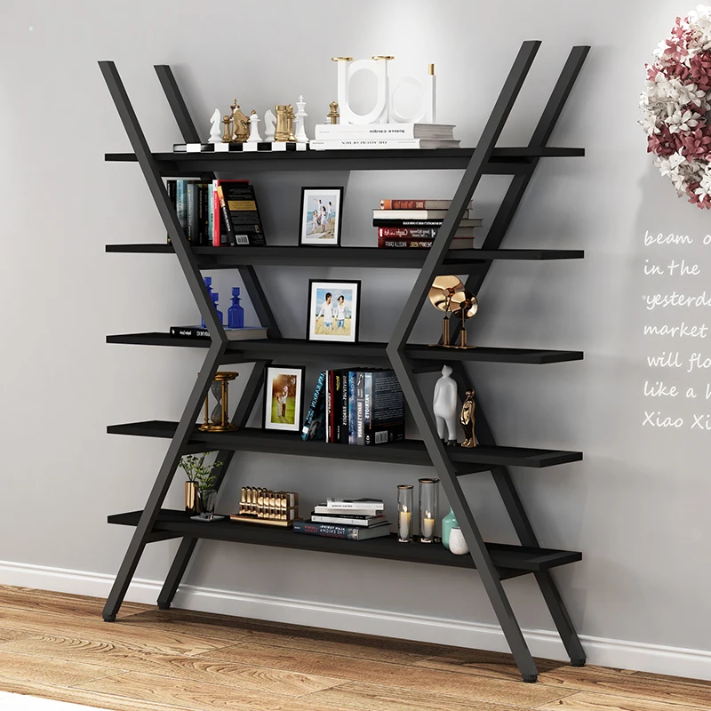 

X-type bookshelf simple storage wrought iron combination creative shelf home living room office multi-layer baffle shelf
