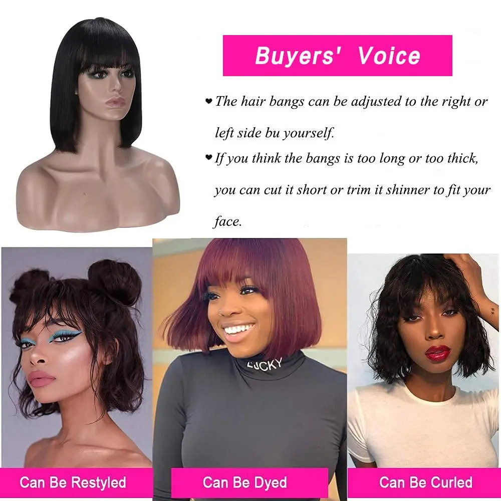 Brazilian Straight Bob Lace Wigs Glueless Straight Human Hair Wigs With Bangs Fringe Middle Part Bob Lace Wigs Realistic Scalp