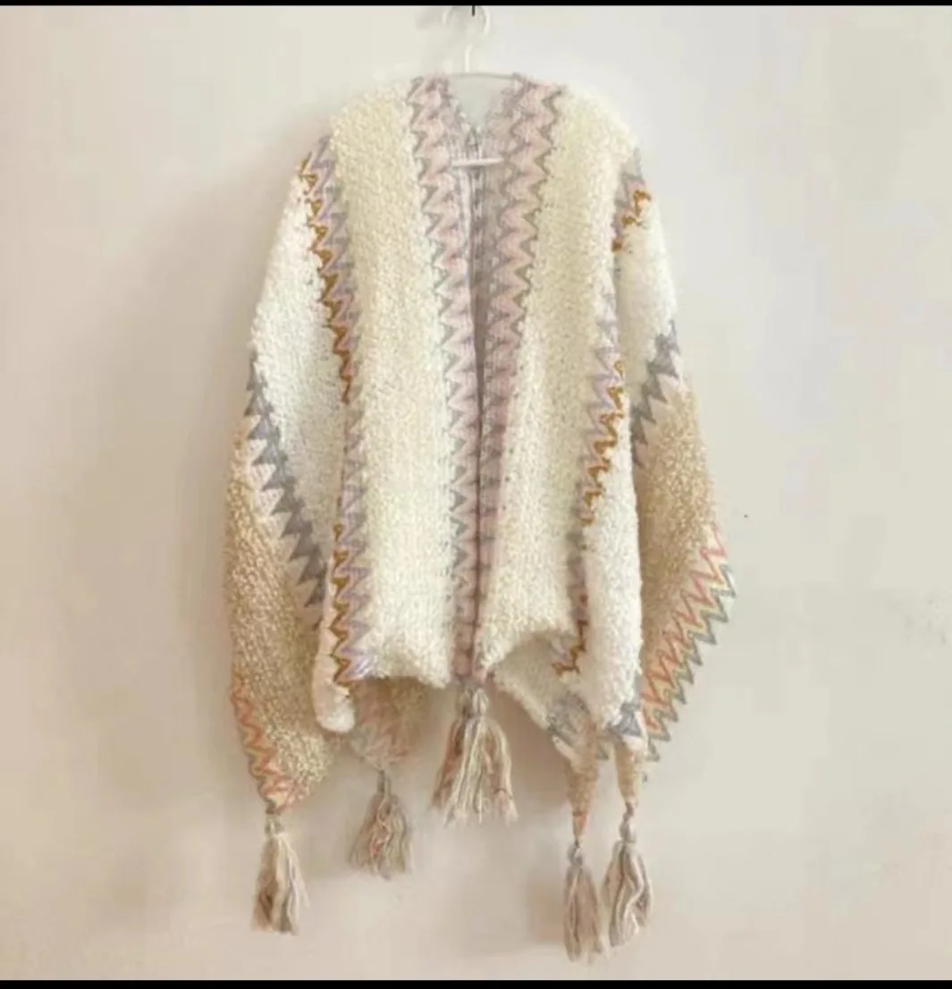 Poncho Knitted Cloak Knitted Cape Ethnic Style Capes Tassel Cardigan Sweater Color Loose Vintage Striped Women Travel Coat Pink