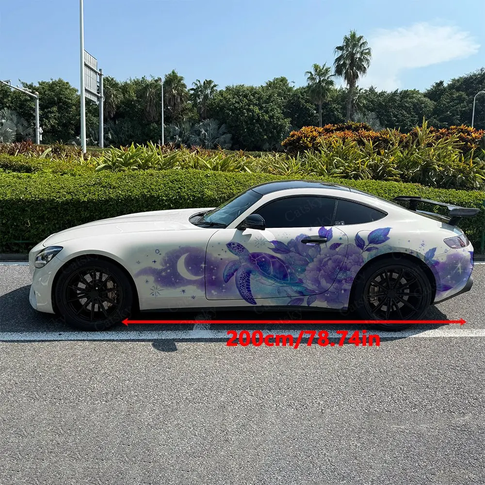 2pcs Nebula Moon Sea Turtle & Peony Car Side Wrap, Self-Adhesive PVC Waterproof & Scratch-Resistant Stickers, Car Accessory Gift