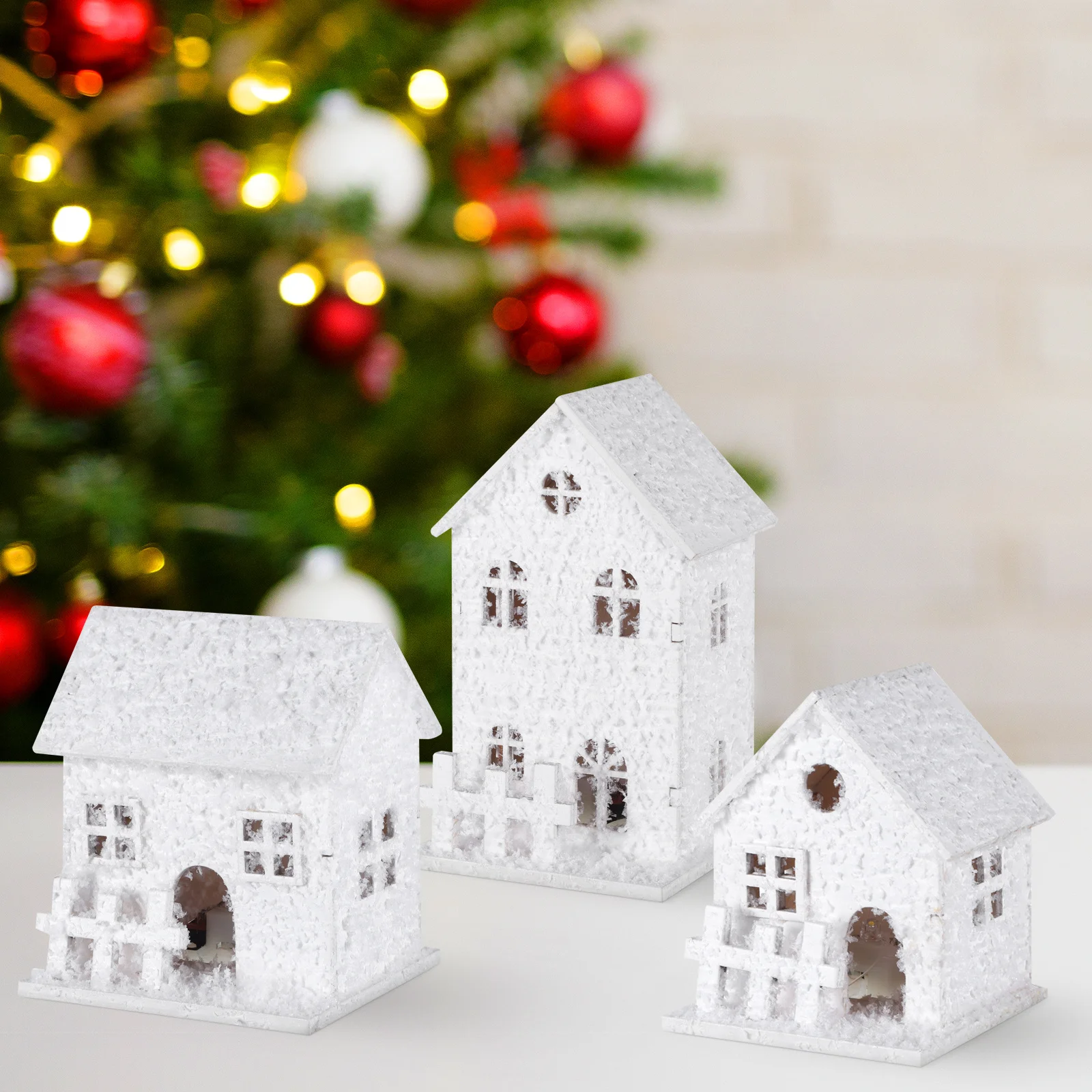 

3pcs Christmas Glowing Wooden House Decorative Cabin Ornament Festival Xmas Tree Adorn Wood Craft Decor Powered Lighted