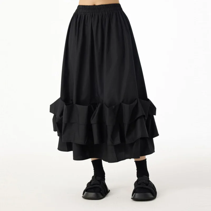 ANJY Summer New Women Dark Style Niche Design Pleated Pocket Fungus Skirt Stylish Trendy Elastic Waist Solid Color Skirts A22250