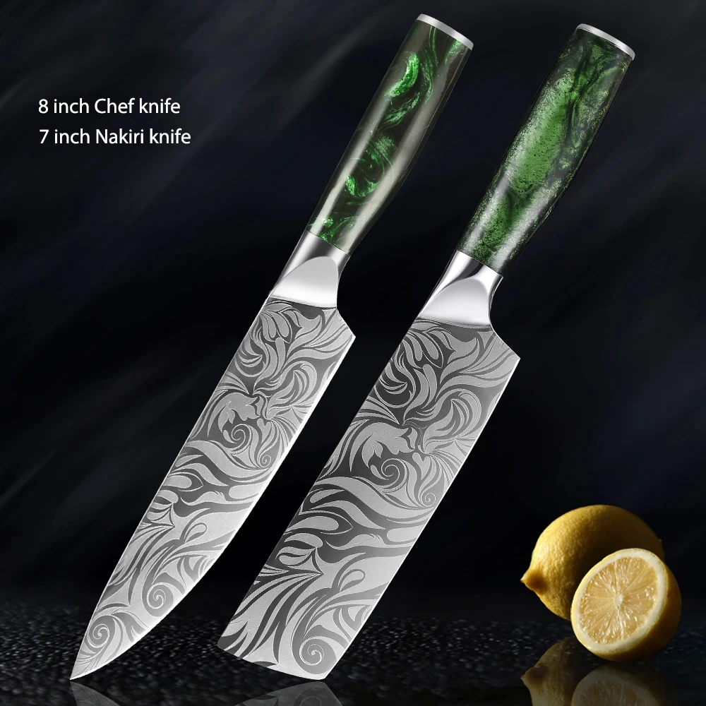 2PCS Kitchen Knife Set Damascus Pattern Knife Sharp Chef Nakiri Knives Green Resin Handle High Quality Kitchen Cooking Knife Set