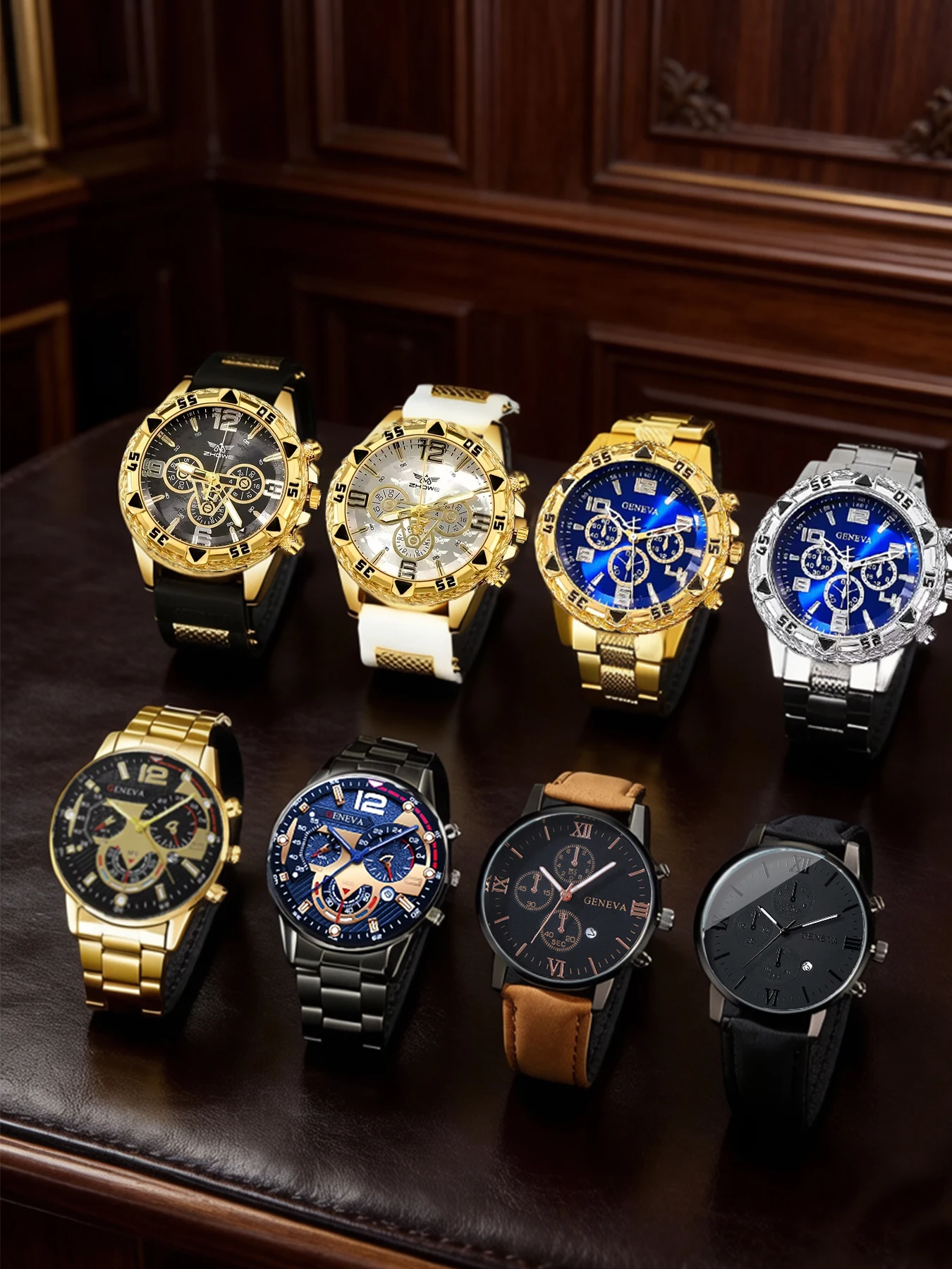 8-Piece Fashionable Three-Eye Quartz Watch Set with Leather Strap and Geneva-Style Dial