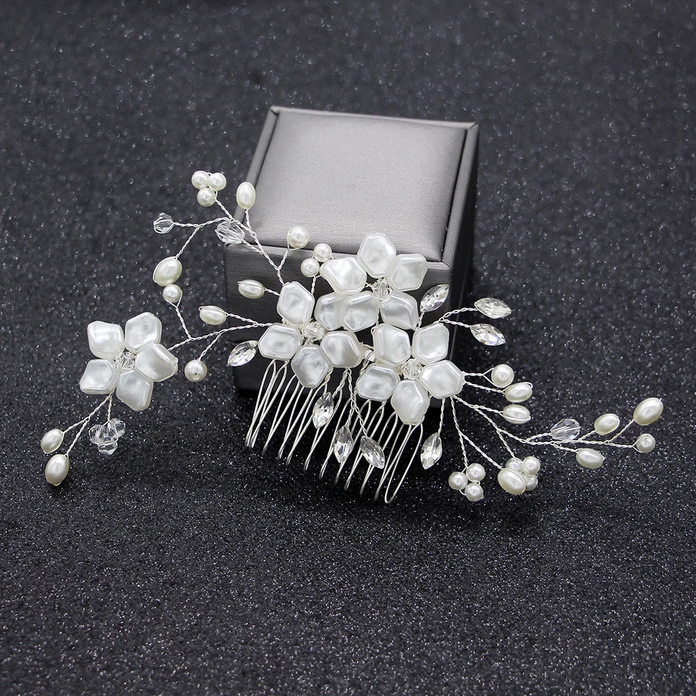 

Bridal Rhinestone Hair Comb Silver Artificial Pearl Flower Leaves Wedding Headpiece Party Hair Accessories Comb for Bridal