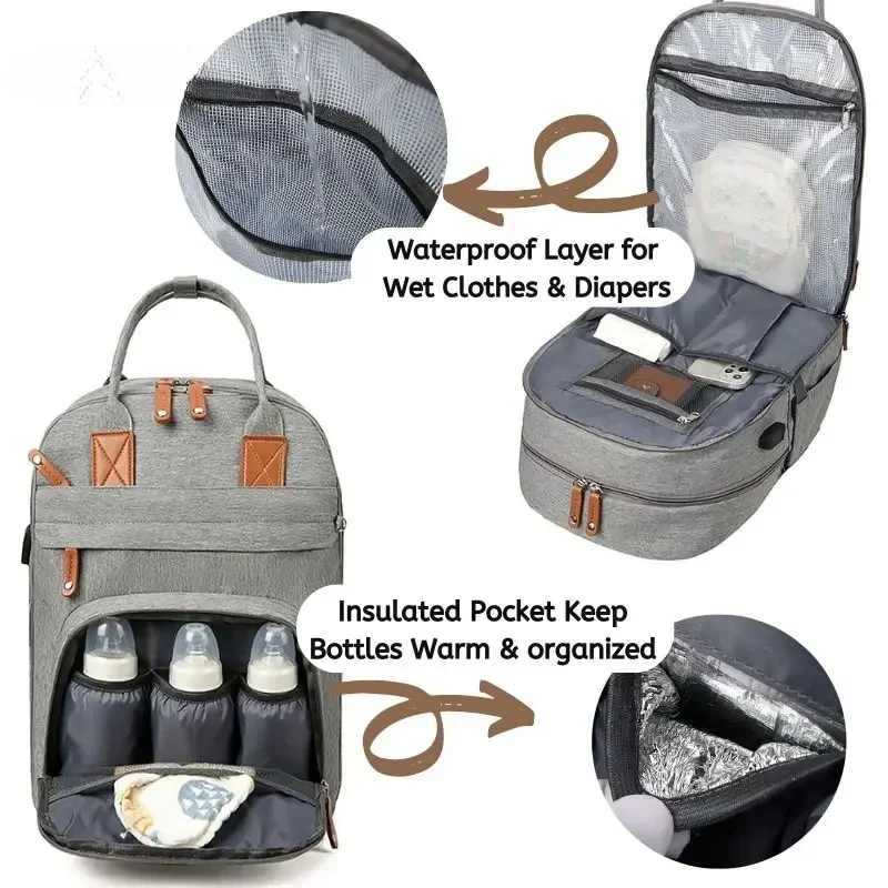 حقيبة ظهر للحفاضات، حقيبة ظهر أساسية للأطفال، حقيبة سفر متعددة الوظائف مقاومة للماء مع وسادة محطة تغيير، أشرطة عربة الأطفال كبيرة للأم