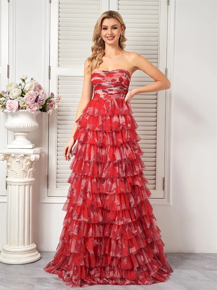 Lucyinlove Haute couture Evening Dress Prom 2024 Red Chiffon Strapless Luxury Tassel Long Gowns Mermaid Bridesmaid Party Dress