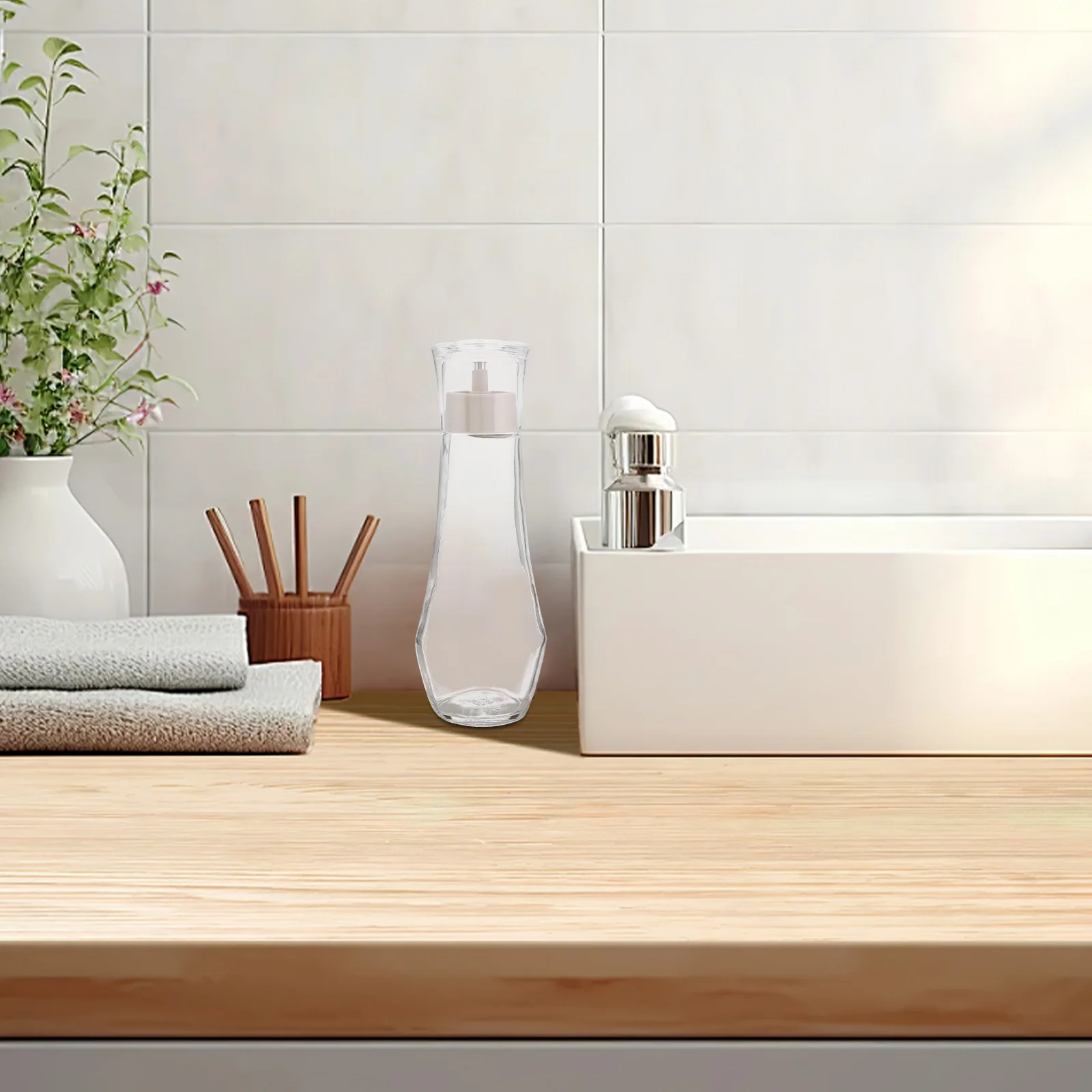 

2Pcs Mouthwash Dispenser for Bathroom Glass Clear Bottle with Lid Cup Refillable Countertop Mouthwash Container