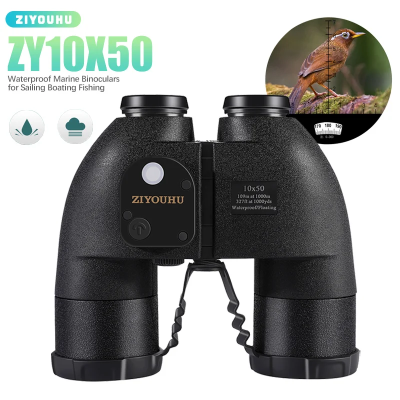 

Marine Compass Binoculars for Navigation Coordinate Reticle Ranging, BAK4, IPX6, Telescope for Sailing, Boating, Fishing,ZY10X50