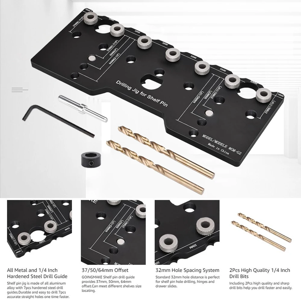 

Shelf Pin Jig 1/4 Inch Aluminum Alloy Shelf Pin Drilling Jig Drill Guide for Straight Holes Shelf Pin Drilling Jig