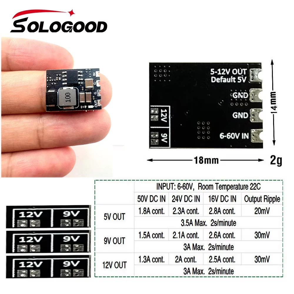

SoloGood 6-60V MICRO BEC TO 5V/9V/12V-ADJ 18*14mm for RC Model Airplane Helicopter FPV Racing Drones DIY Parts