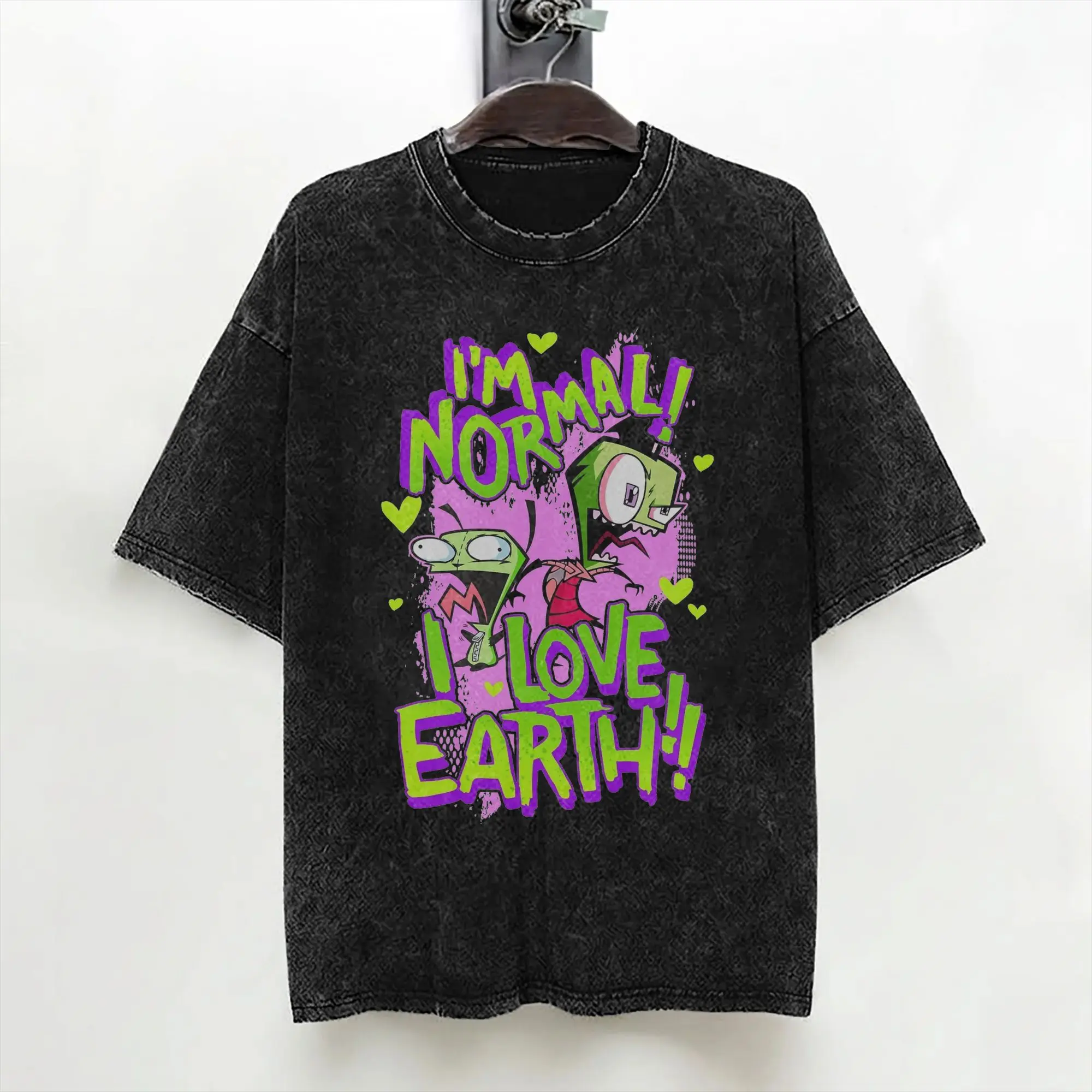 Cartoon Invaders Zim Gir Washed T Shirt Streetwear Vintage T-Shirt  Tees Men Women 100% Cotton Harajuku Summer