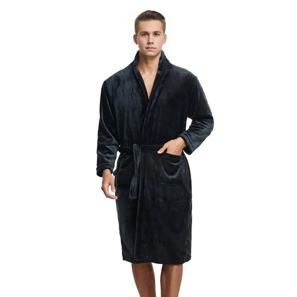 ผู้ชาย Flannel Nightgown พร้อมกระเป๋าสีทึบแขนยาว LACE-up Loungewear เปิดด้านหน้าเข่า-ความยาว Men Lounge ชุดนอน