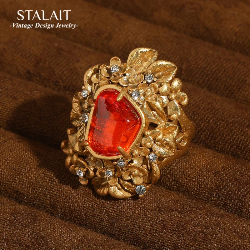 

Vintage Rings Red Glazed Flower Petals For Woman Rhinestone Gold Color Branches Leaves Luxury Quality Jewelry Designer 2025 New