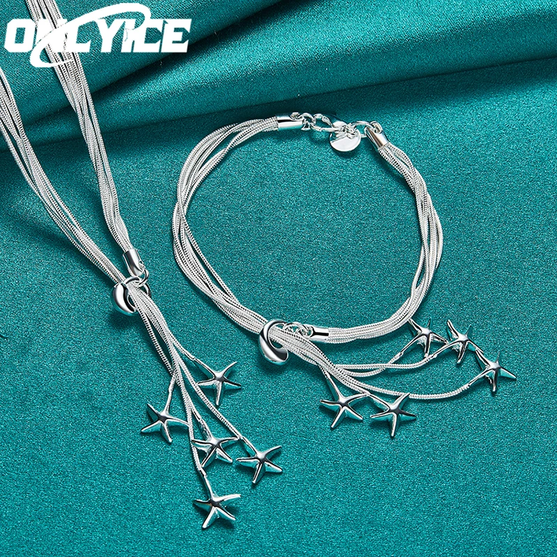 Fashion 2pcs 925 Sterling Silver Jewelry Set Exquisite Women Snake Chain Five-pointed Star Necklace Bracelets Wedding Noble Gift