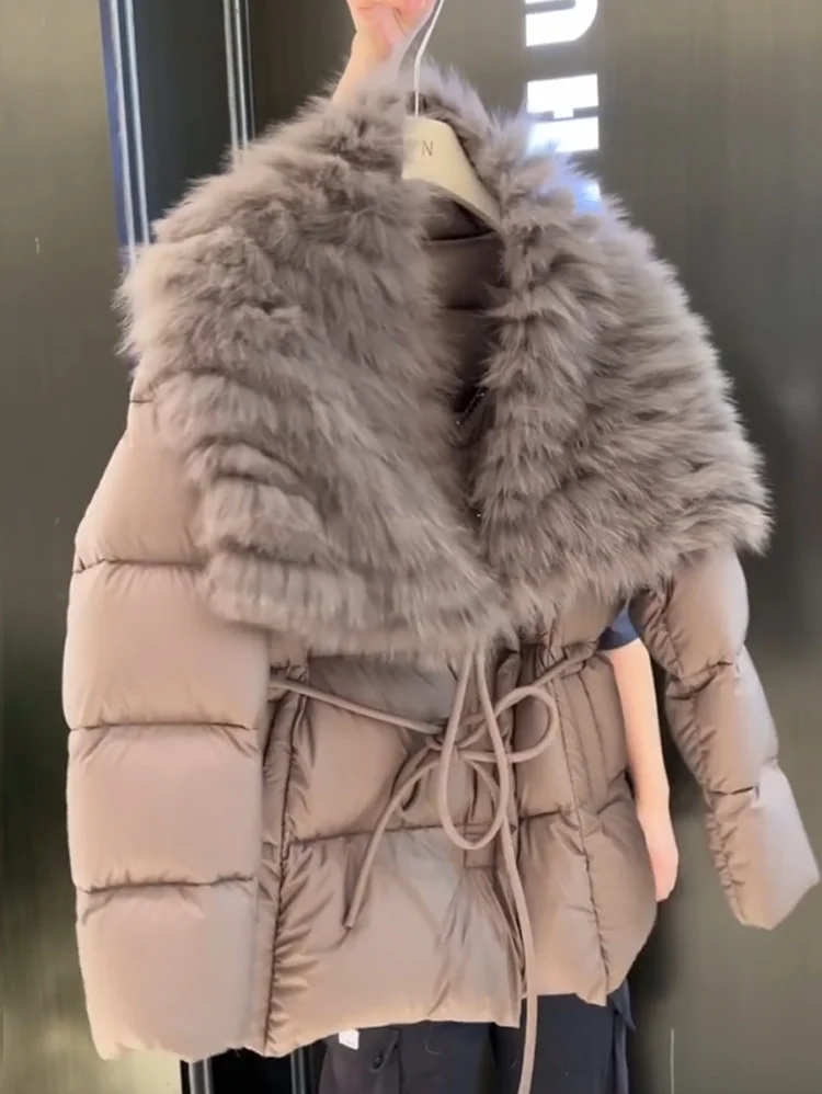 Inverno thiened algodão jaet feminino faion dstring cintura fino ajuste quente ort casaco grande gola de pele commute sle